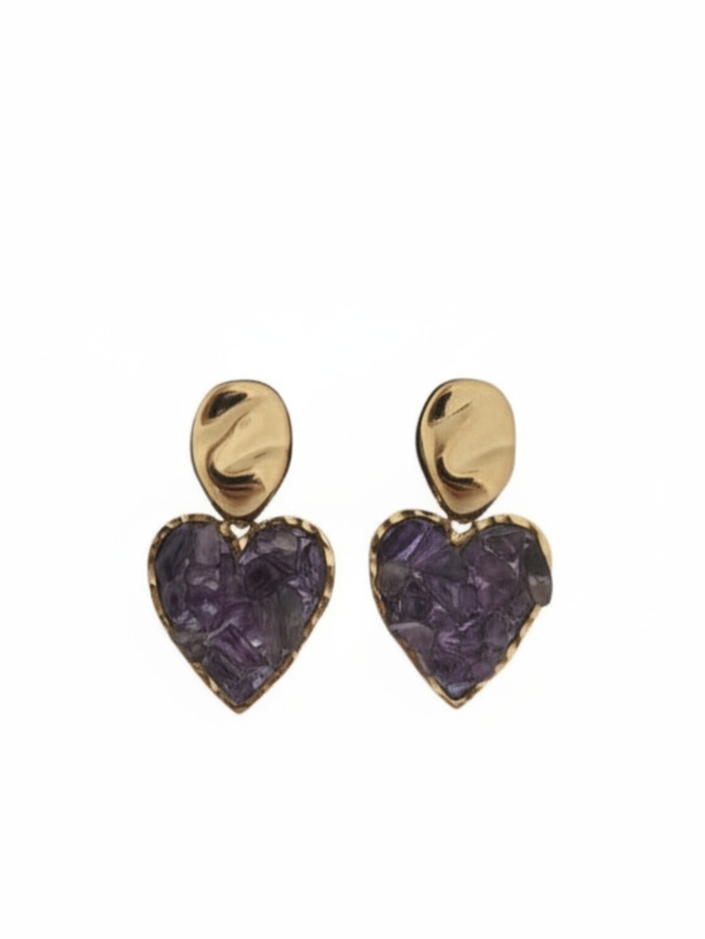 Amethyst Gold-Plated Heart Drop‎ Earrings with Purple Stone Inlay